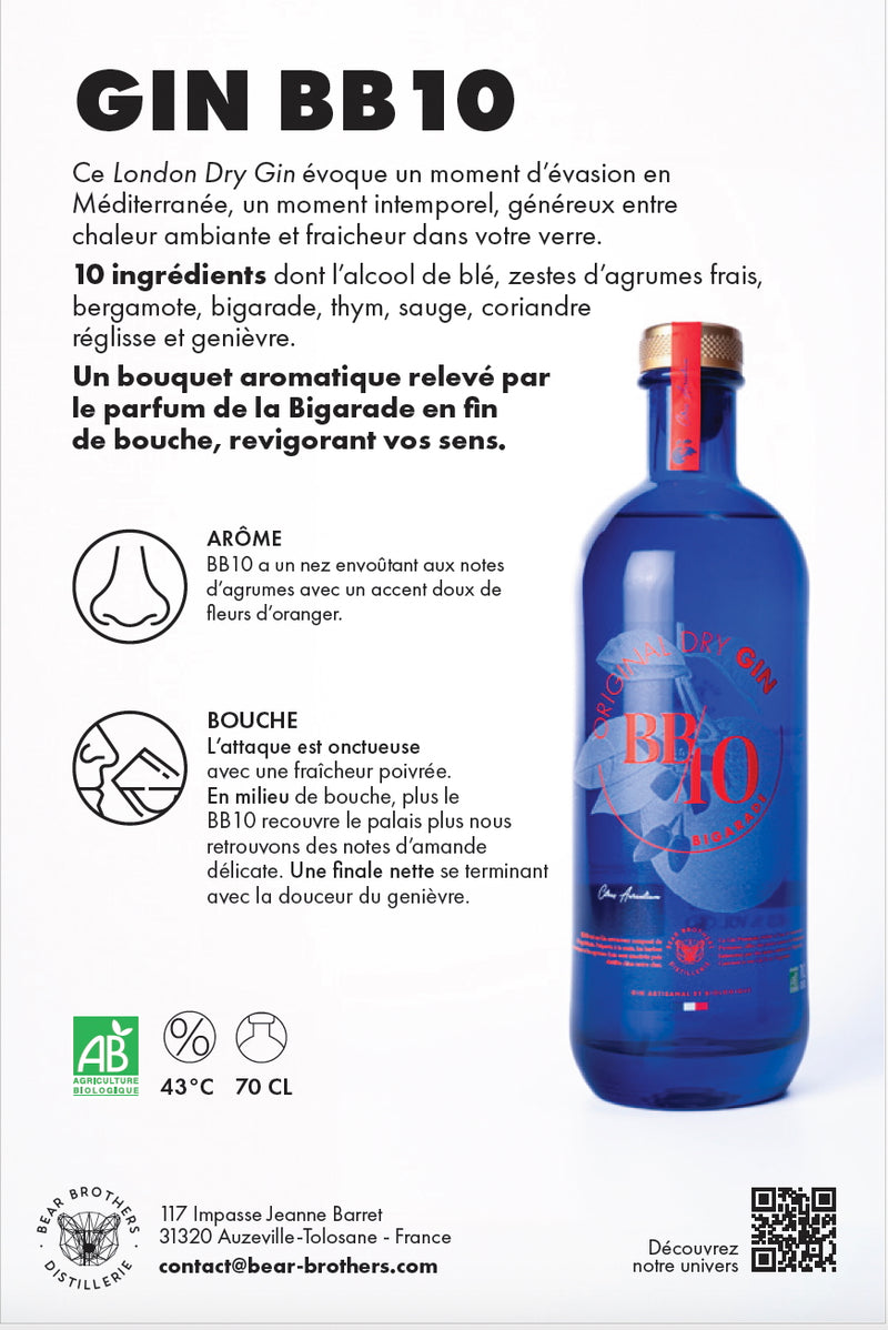 Coffret cadeau Gin Bio BB10 et son kit cocktail (70cl)